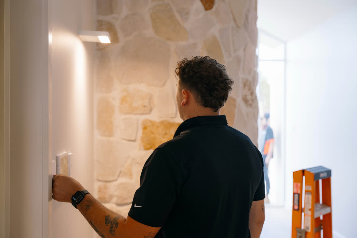 A JJC electrician testing a light switch on a stone feature wall