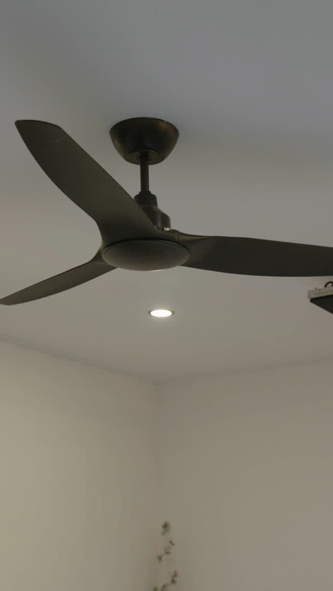 A black ceiling fan in a bright living room