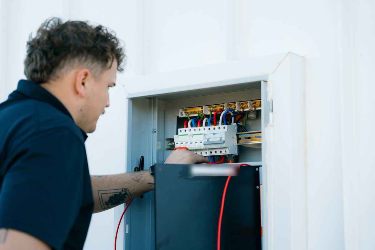 James working inside an outdoor switchboard
