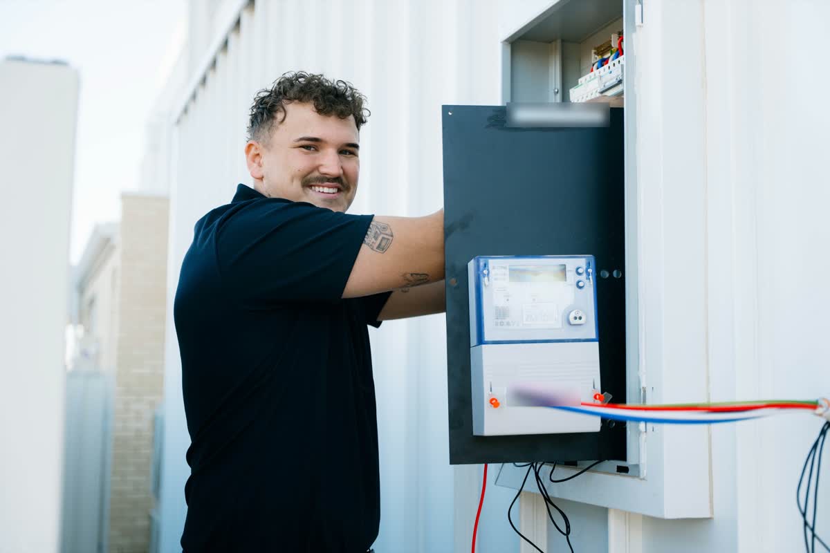 James at an outdoor meter box and switchboard